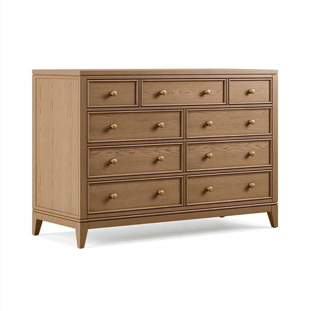 Commode 150 x 45 x 100 cm en bois chêne clair style classique avec 9 tiroirs