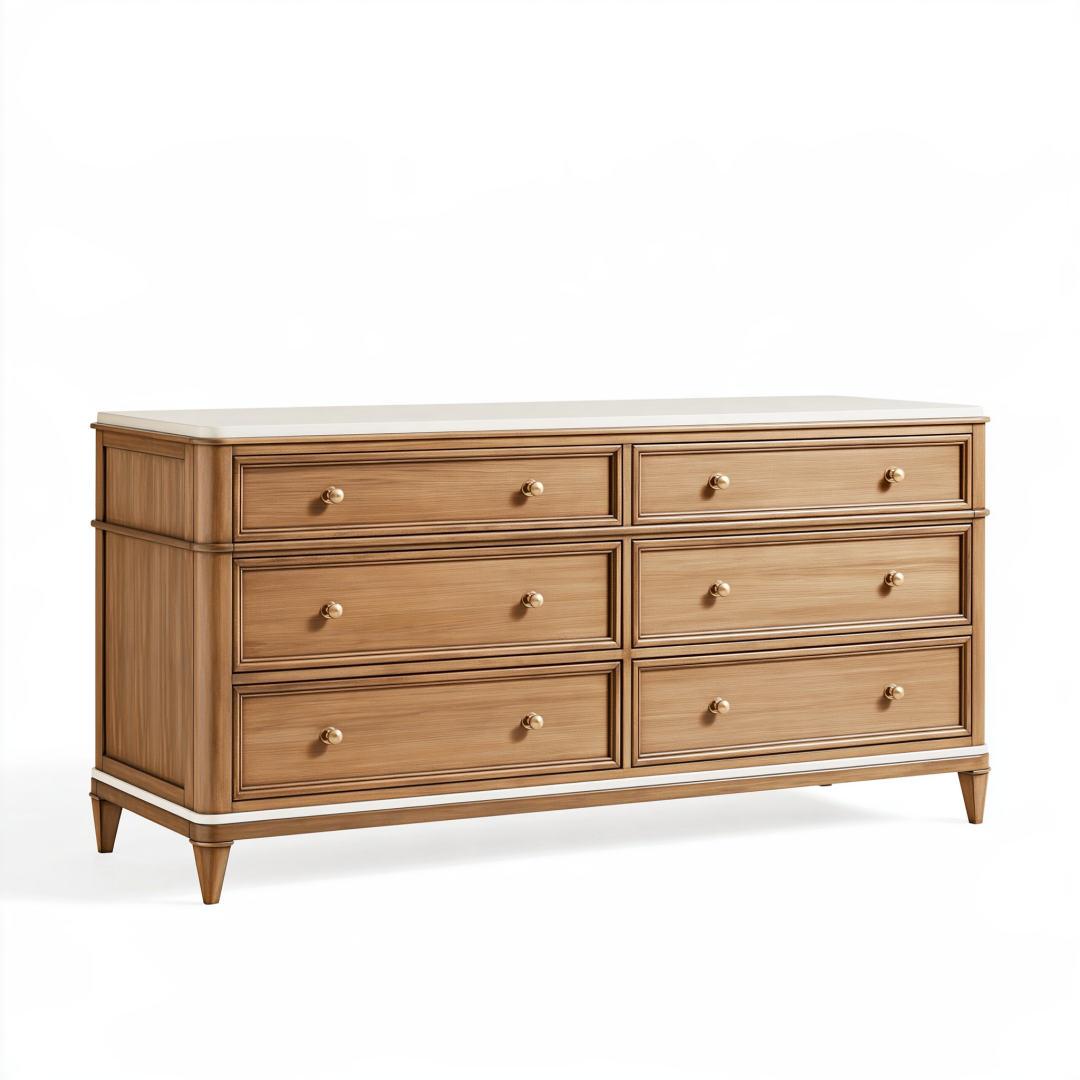 Commode 6 tiroirs 160 cm 50 cm 90 cm bois brun plateau blanc style classique