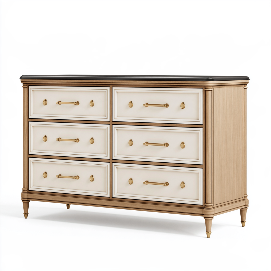 Commode 150 x 45 x 90 cm en bois beige et crème à 6 tiroirs style classique