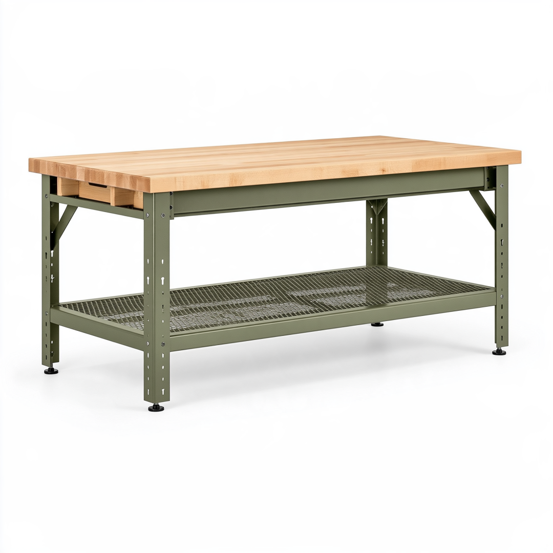 Établi 122 x 61 x 91 cm en bois et acier vert avec tablette de rangement réglable
