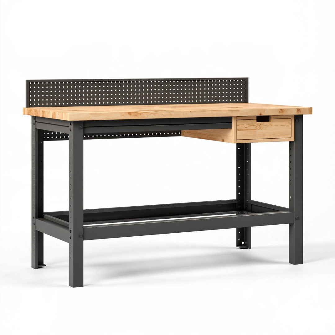 Établi d'atelier 120 x 60 x 90 cm en bois et acier noir naturel avec tiroir et panneau perforé