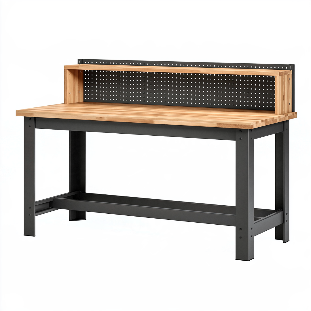 Établi 120 cm x 60 cm x 150 cm en bois et acier noir avec panneau perforé style industriel