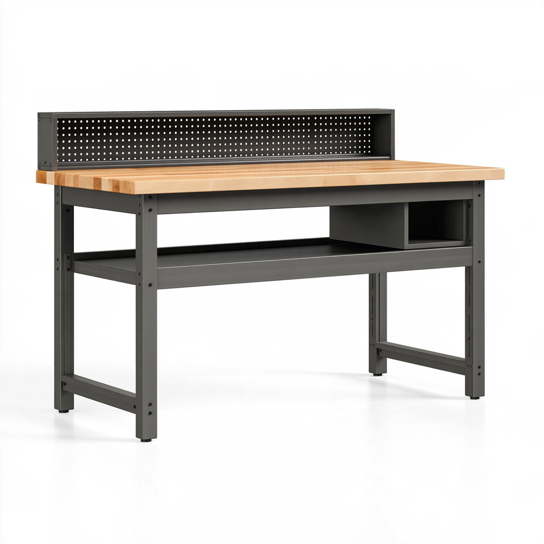 Établi 120 x 60 x 150 cm en acier noir et bois naturel avec panneau perforé de rangement
