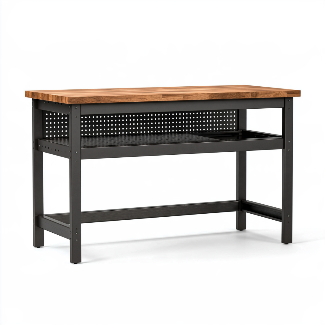 Établi 120 x 60 x 90 cm en bois et acier noir avec rangement style industriel
