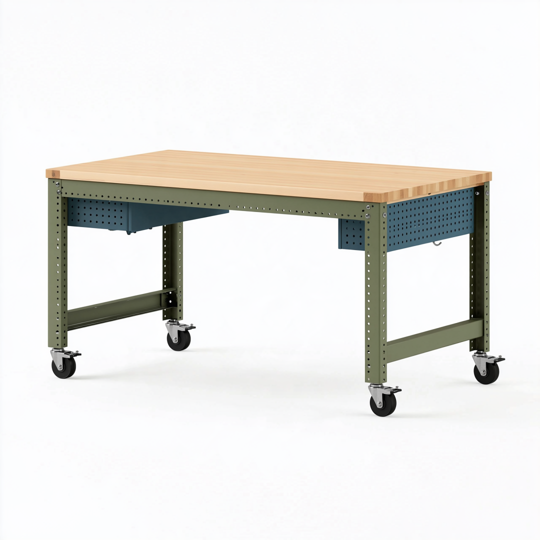 Établi d'atelier 160 x 80 x 90 cm en bois et acier vert sur roulettes