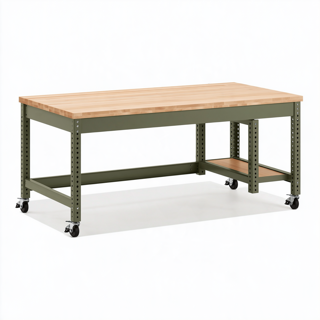 Établi 152 x 76 x 91 cm en acier et bois vert olive sur roulettes avec tablette basse