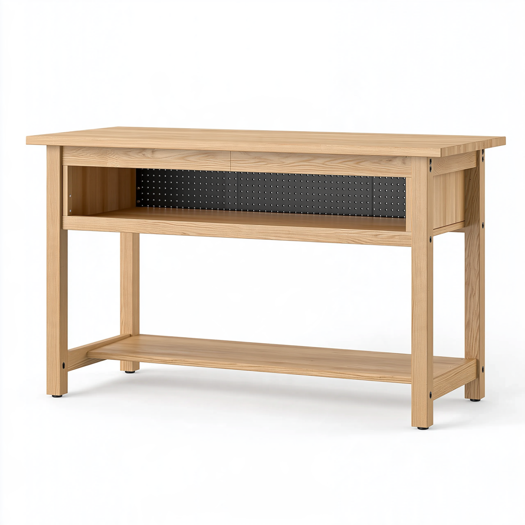 Établi 120 x 60 x 90 cm en bois naturel avec panneau perforé noir et rangement atelier