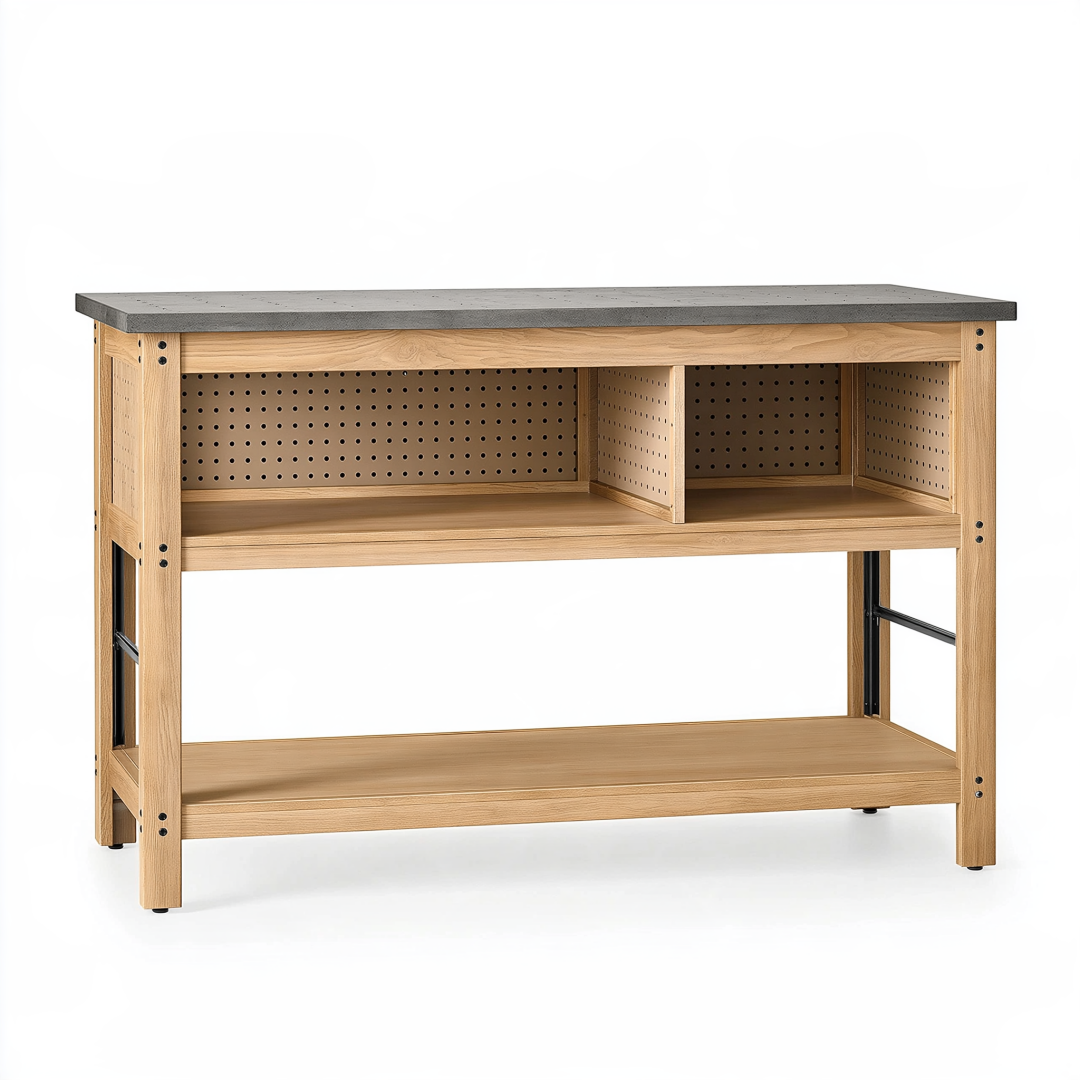 Établi 140 x 65 x 90 cm en bois naturel avec plateau en béton gris et panneau perforé