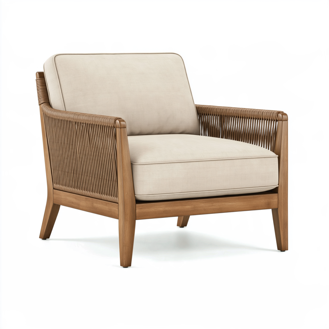 Fauteuil 75 x 80 x 85 cm en bois brun et tissu beige - assise tressée style naturel