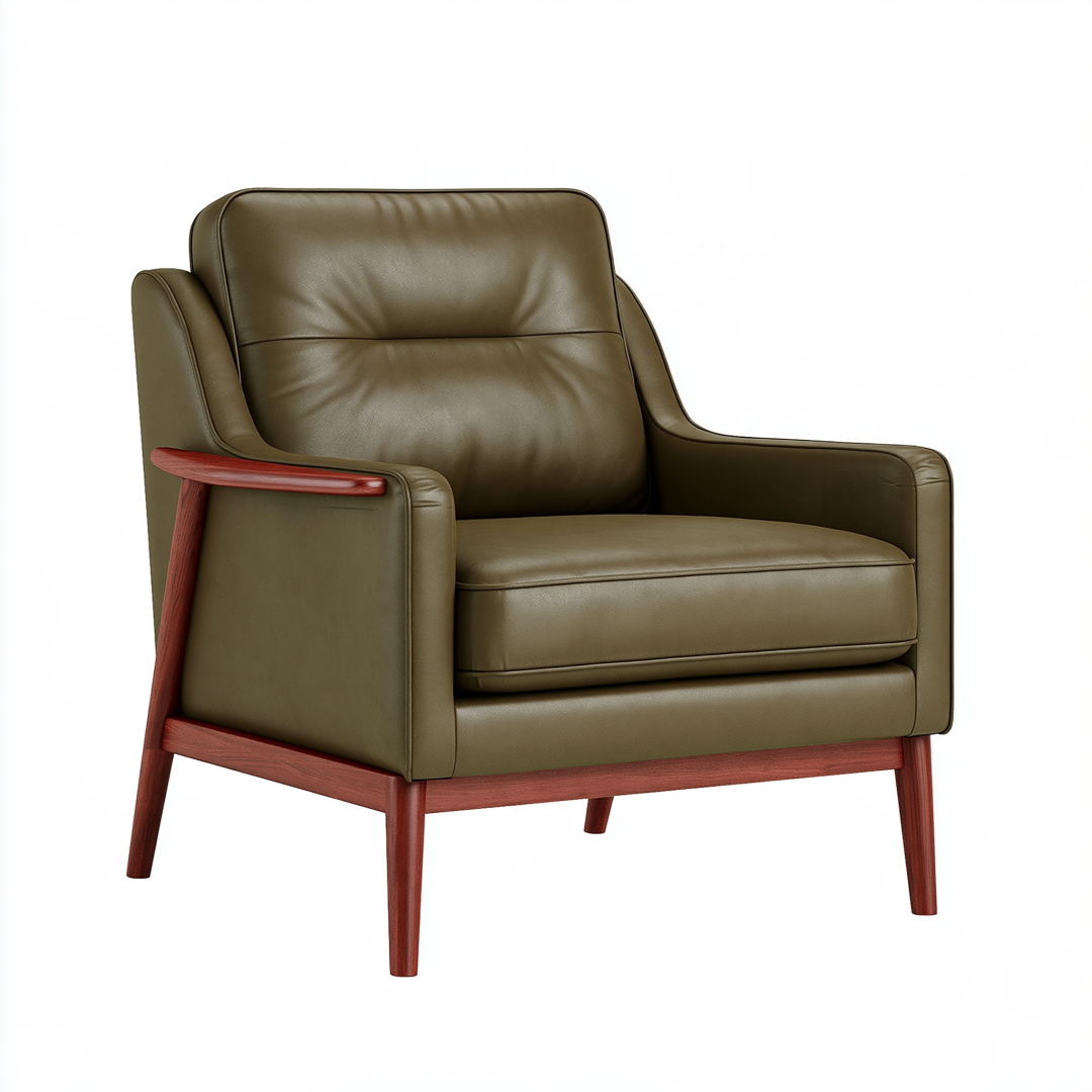 Fauteuil 82 x 86 x 90 cm en cuir vert olive avec pieds en bois style moderne