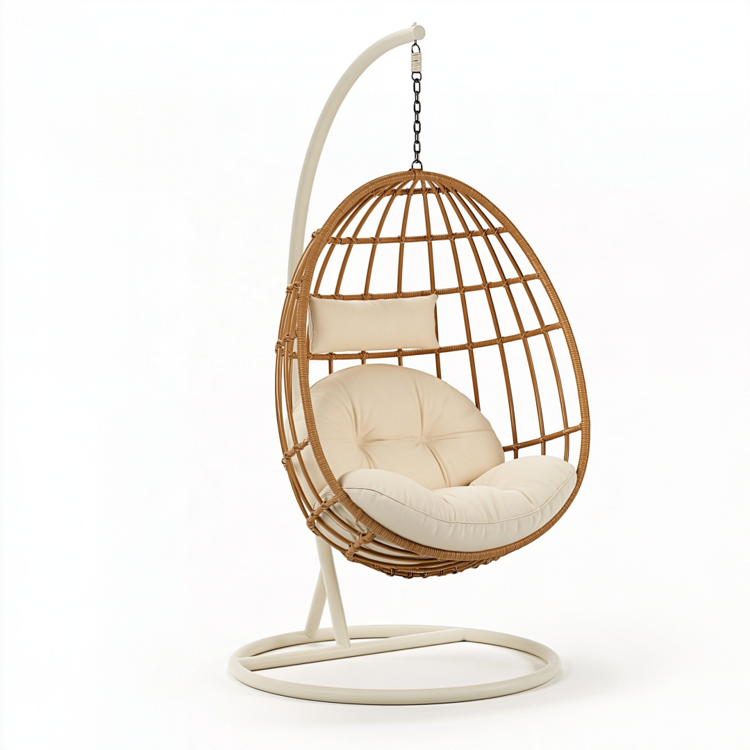 Fauteuil suspendu 105 x 105 x 195 cm en rotin brun et métal blanc pour intérieur style bohème