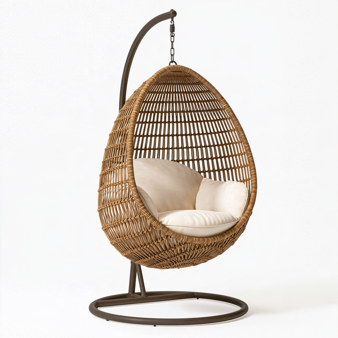 Fauteuil suspendu 105 x 105 x 195 cm en rotin naturel avec support en acier style bohème