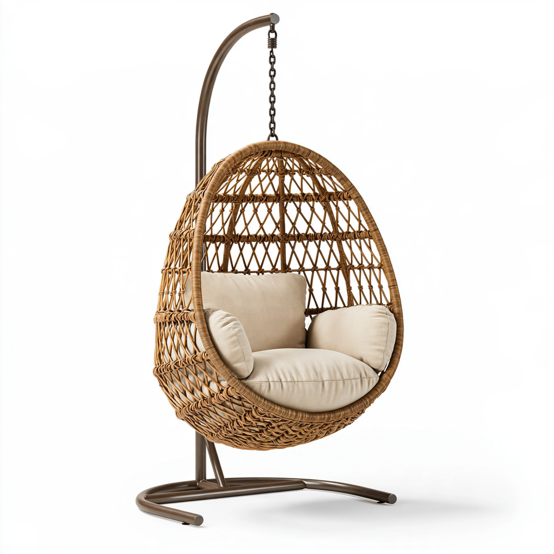 Fauteuil suspendu 105 x 105 x 195 cm en rotin marron avec support en acier style bohème