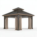 Pavillon de jardin 300 x 300 x 300 cm en acier noir avec rideaux beiges - toit à double niveau