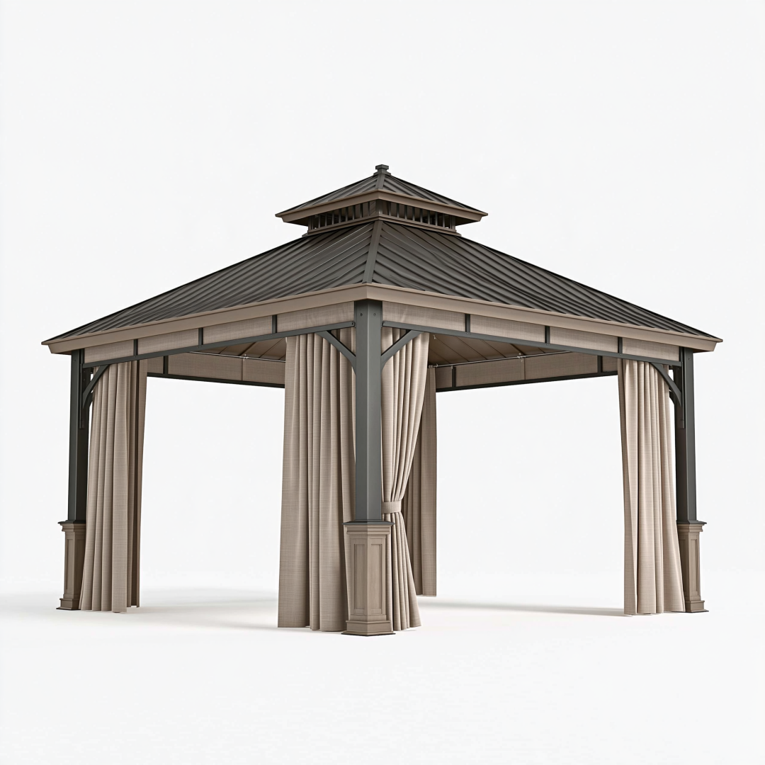 Tonnelle de jardin 400 x 400 cm en métal gris avec rideaux toit ventilé
