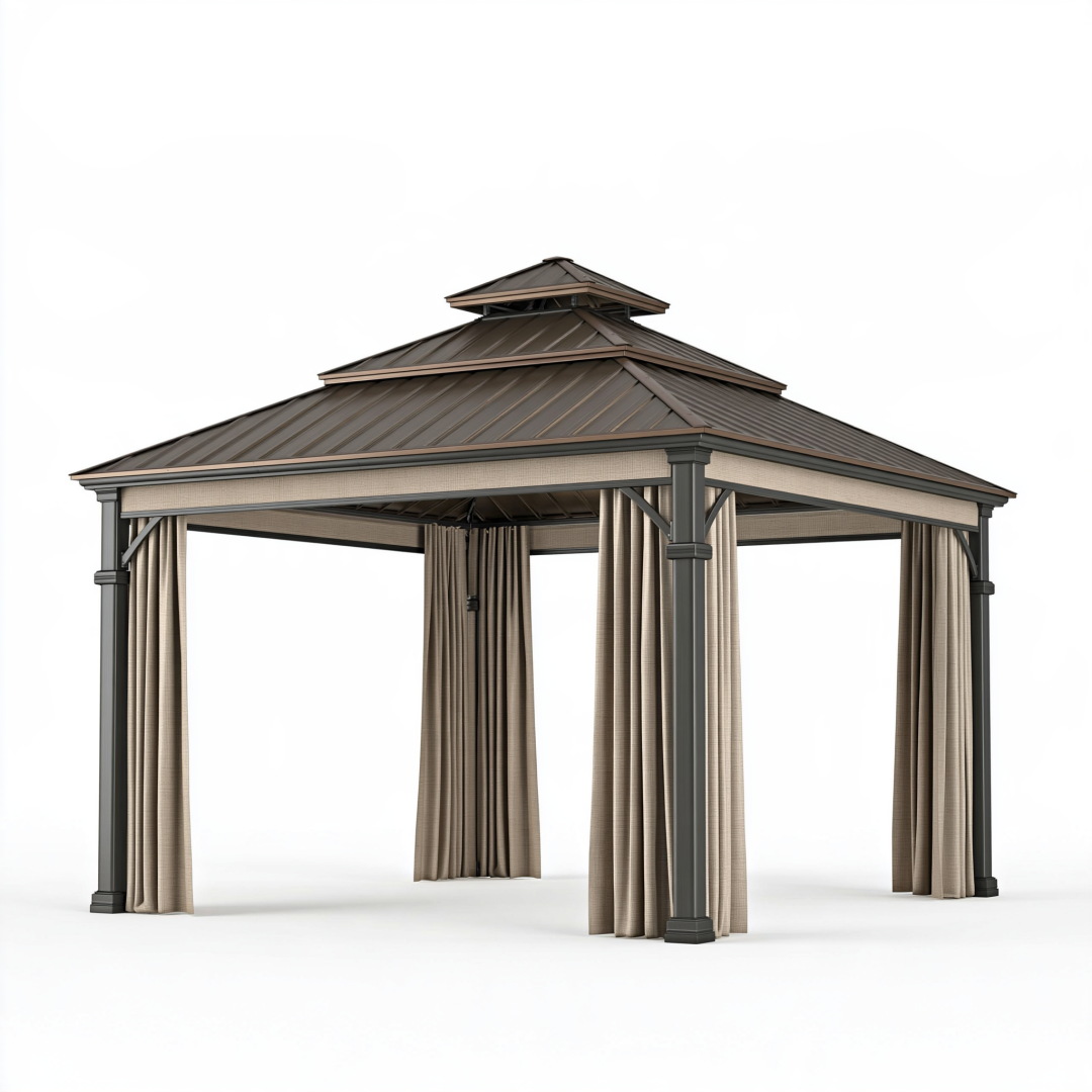 Tonnelle de jardin 300 x 300 cm en métal gris anthracite avec rideaux beiges à toiture à deux niveaux