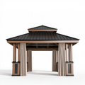 Pavillon de jardin 400 x 300 x 320 cm en métal brun et noir avec rideaux - Abri extérieur à toit double