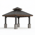 Tonnelle de jardin 400 x 400 x 330 cm en métal noir et bois aspect pierre - abri extérieur à toit pyramidal