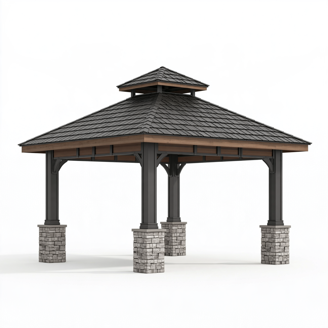 Tonnelle de jardin 400 x 400 x 330 cm en métal noir et bois aspect pierre - abri extérieur à toit pyramidal