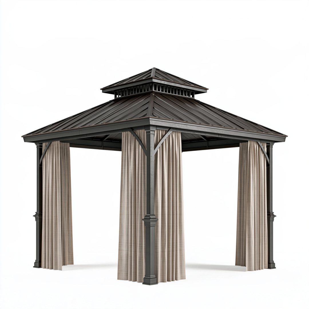 Tonnelle de jardin 300 x 300 cm en métal gris foncé avec rideaux et toit rigide